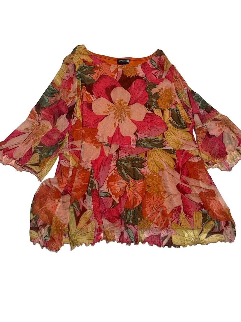 Anthony Original Floral Print Swing Top with Flutter Sleeves - Pink & Orange 1X
